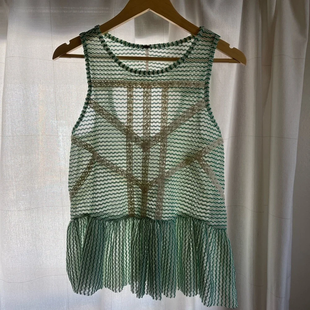 Free People Crochet Sheer Tank Top With Peplum and Back Cut Out Green & Cream - Picture 6 of 7